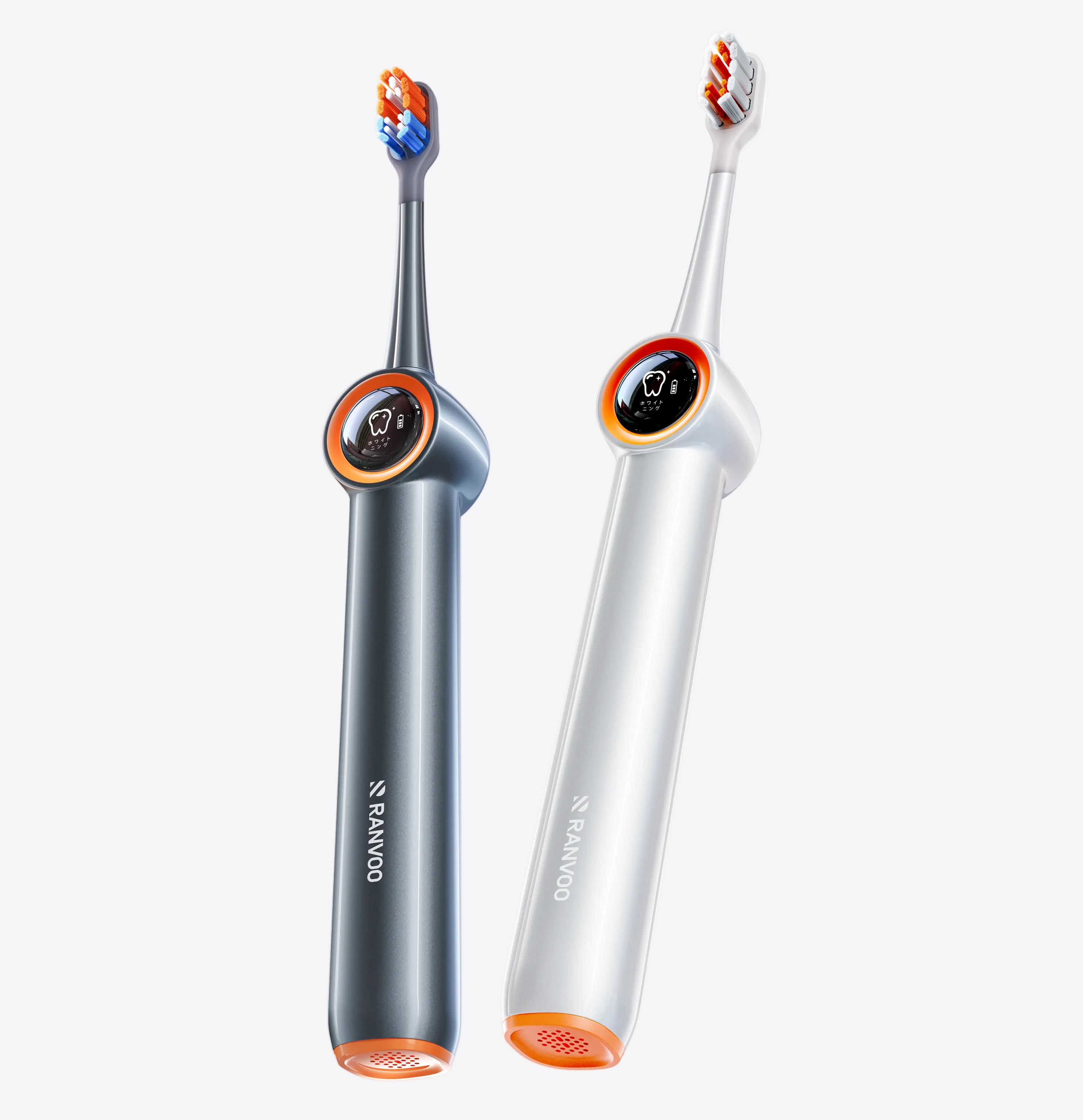 Two electric toothbrushes with colorful bristle heads on a white background